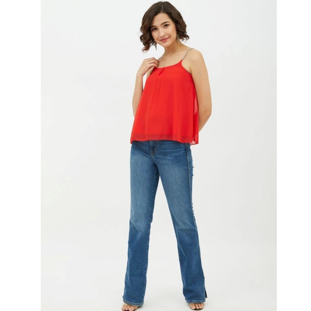 HD Women's Polyester Embellished Shoulder Straps Top (Red)