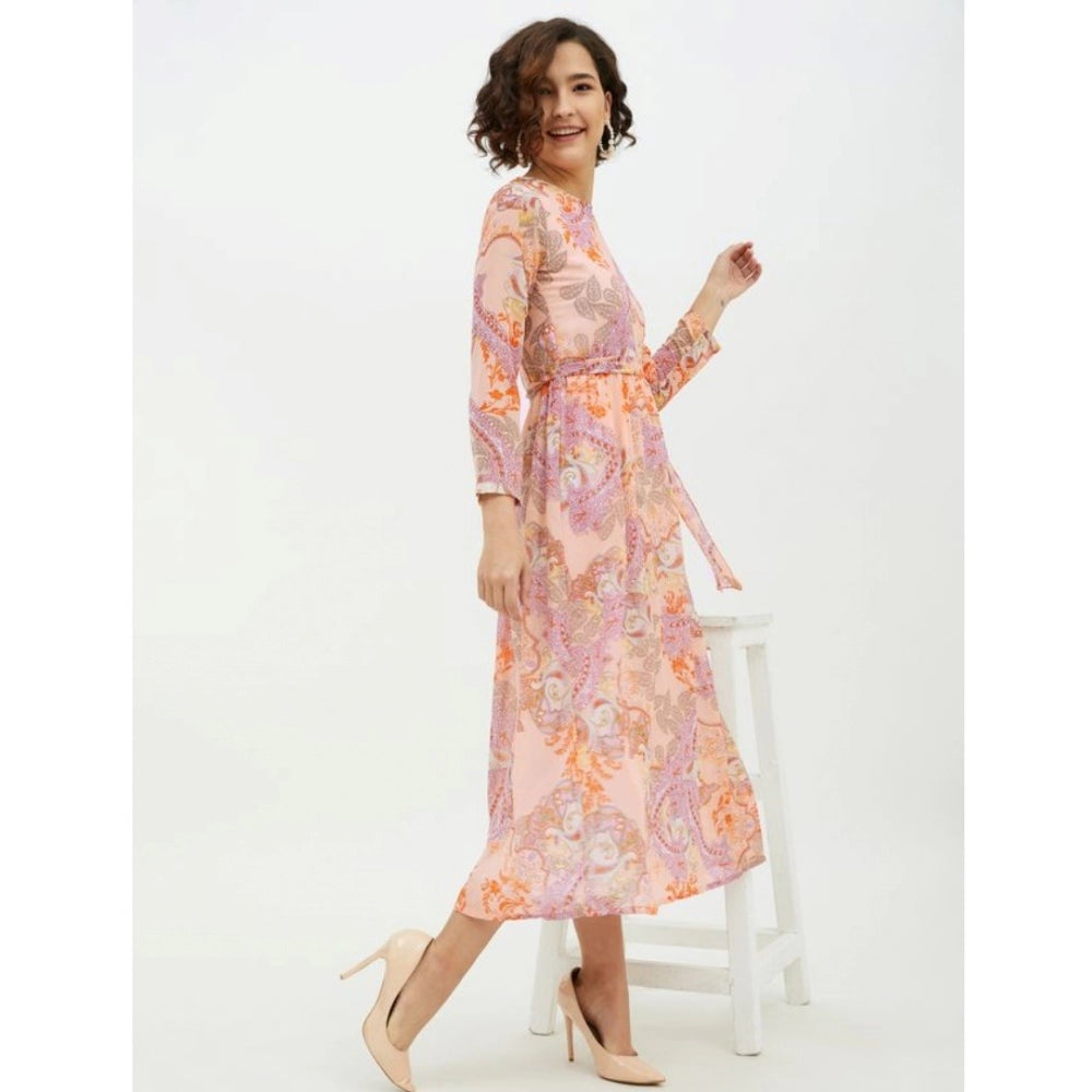 HD Women's Polyester Printed Long Sleeves Calf-length Dress (Multicolor)