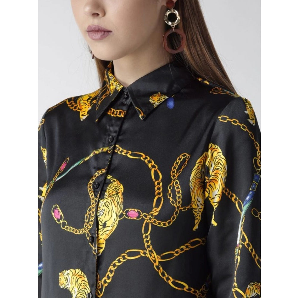 HD Women's Satin Printed Long Sleeves Standard Length Shirt (Black - Gold)