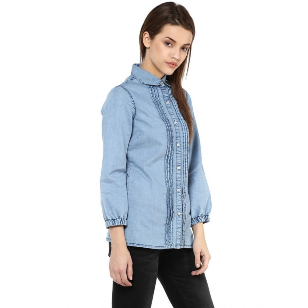 HD Women's Denim Solid 3-4th Sleeves Standard Length Shirt (Blue)