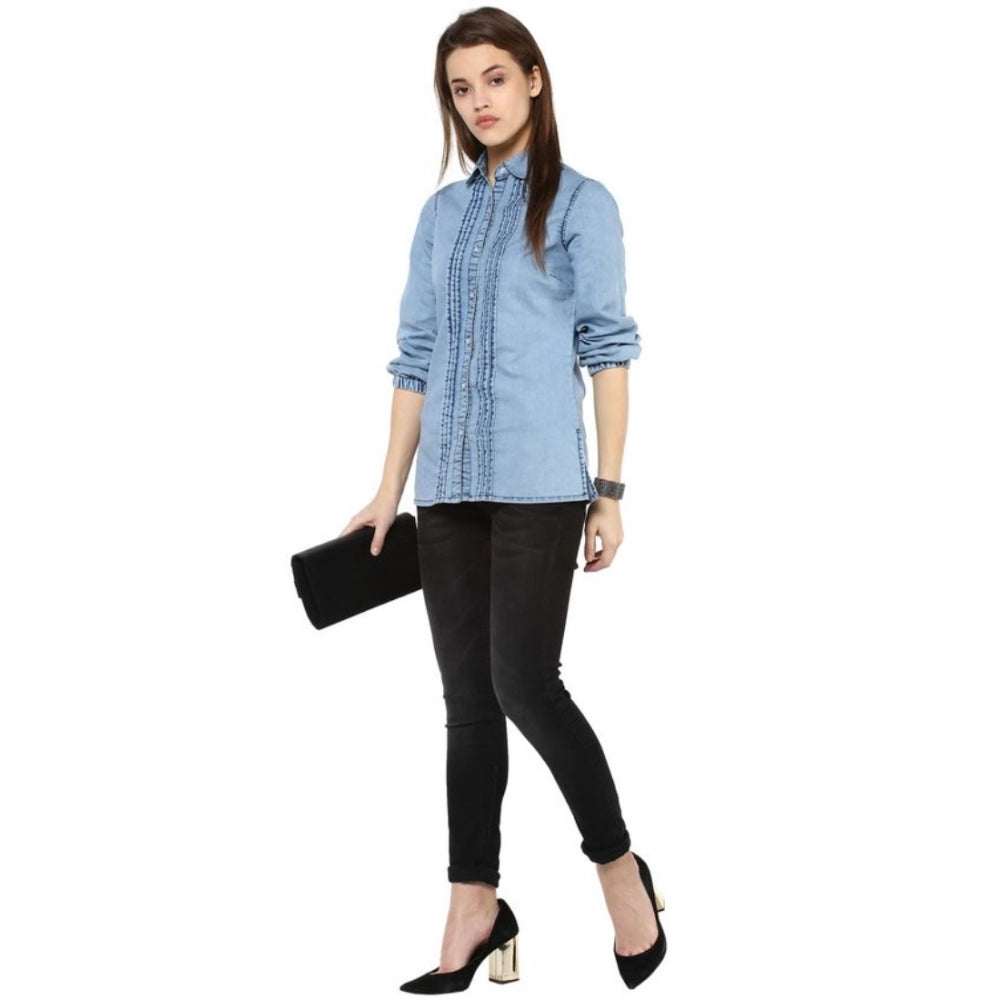 HD Women's Denim Solid 3-4th Sleeves Standard Length Shirt (Blue)