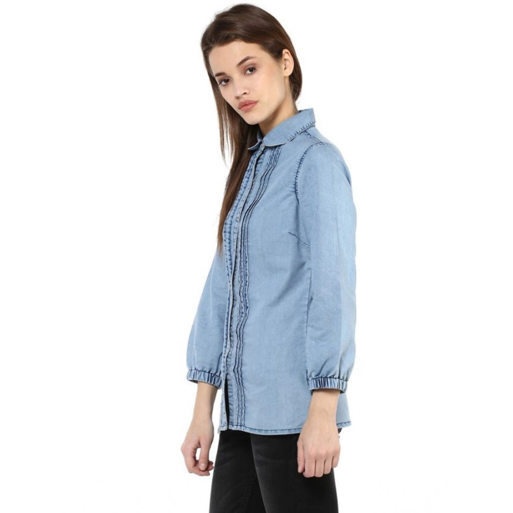 HD Women's Denim Solid 3-4th Sleeves Standard Length Shirt (Blue)
