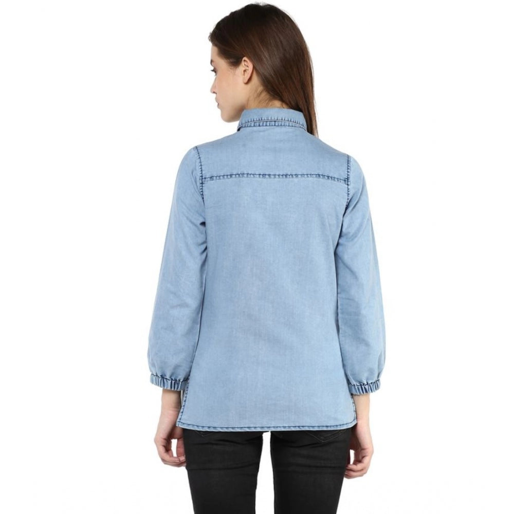 HD Women's Denim Solid 3-4th Sleeves Standard Length Shirt (Blue)