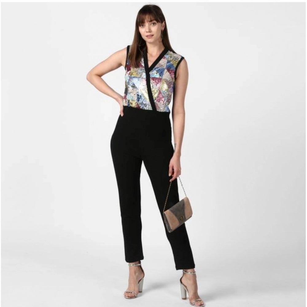 HD Women's Polyester Embellished Sleeveless Jumpsuit (Black)