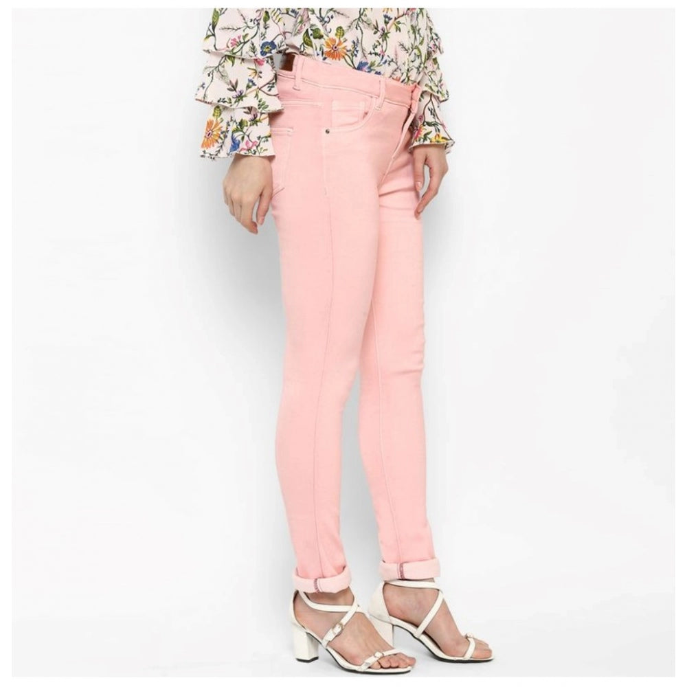 HD Women's Denim Solid Buttoned Jeans (Pink)