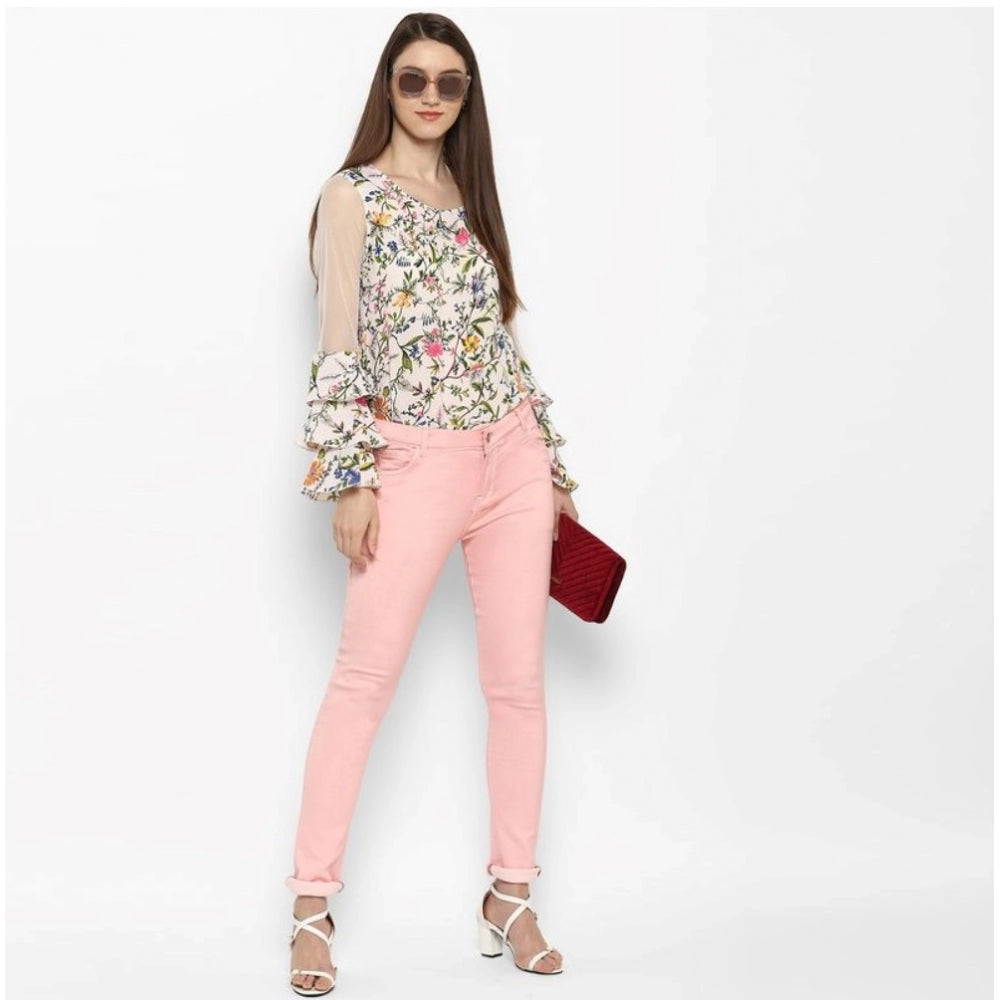 HD Women's Denim Solid Buttoned Jeans (Pink)