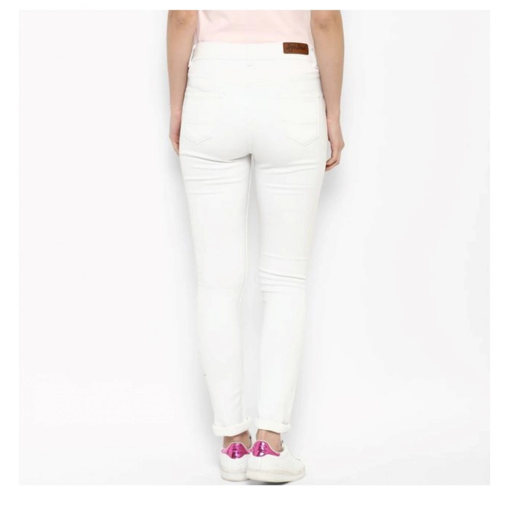 HD Women's Denim Solid Buttoned Jeans (White)