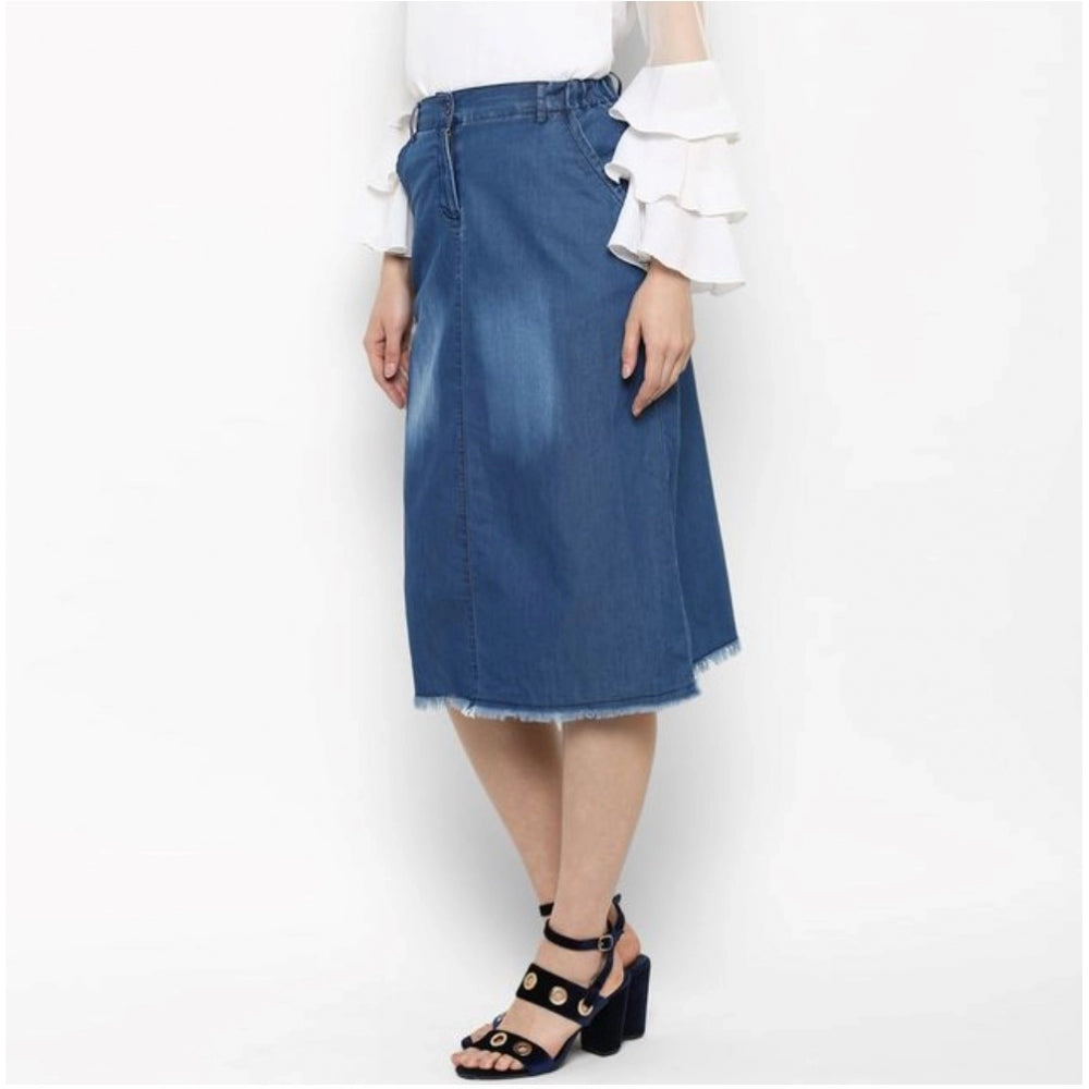 HD Women's Denim Washed Buttoned Skirt (Blue)