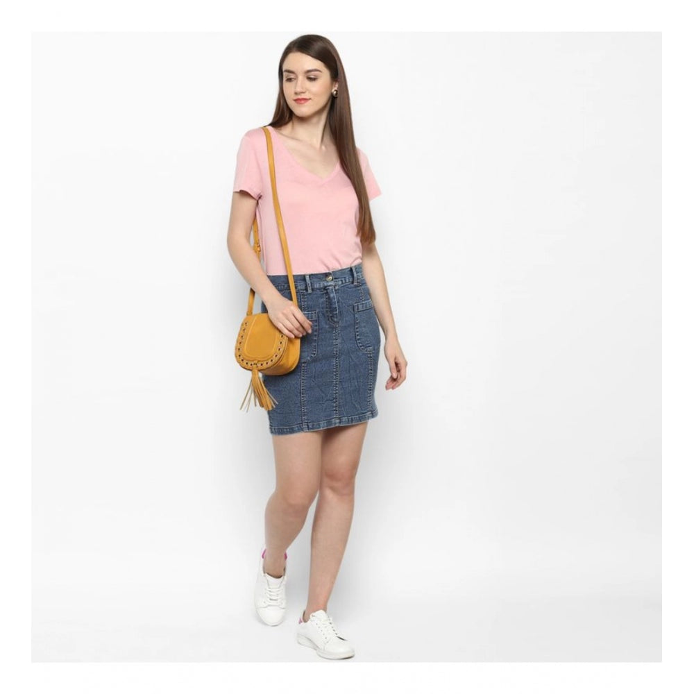HD Women's Denim Front Pocket Buttoned Skirt (Blue)