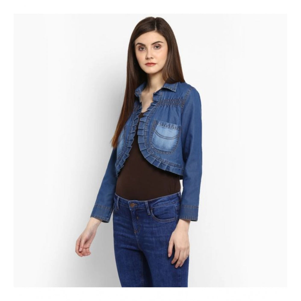 HD Women's Denim Pleated 3-4th Sleeves Shrug (Blue)