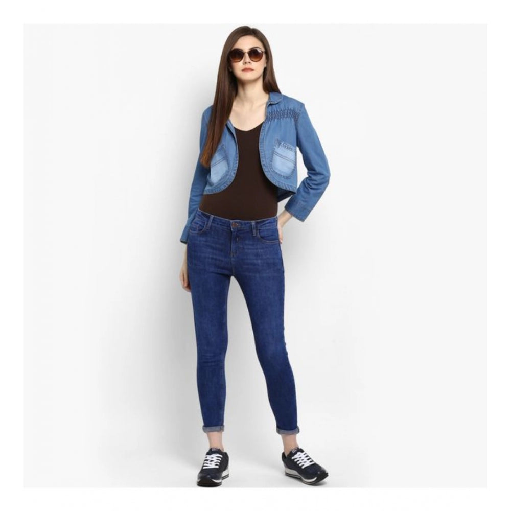 HD Women's Denim Smocking 3-4th Sleeves Shrug (Blue)