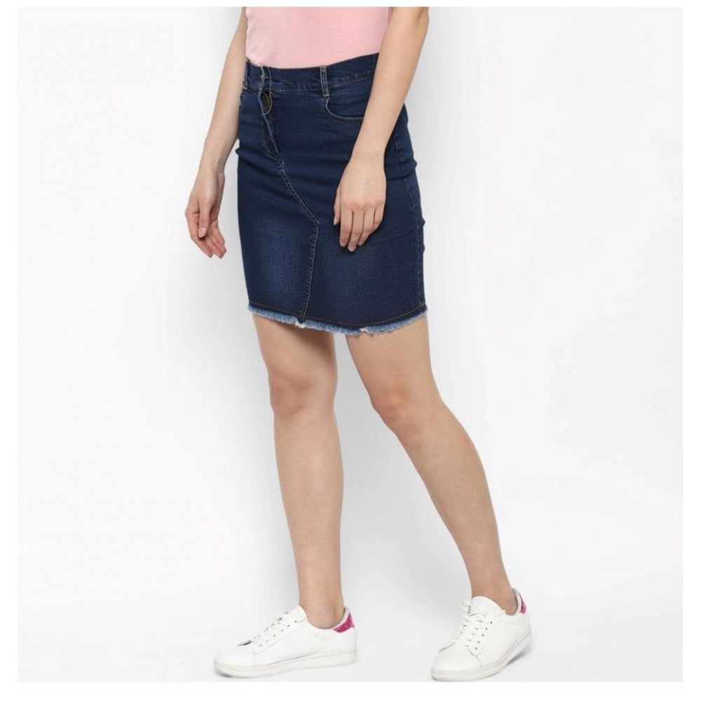 HD Women's Denim Stitching Pattern Buttoned Skirt (Blue)
