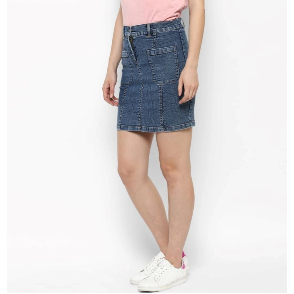 HD Women's Denim Front Pocket Buttoned Skirt (Blue)