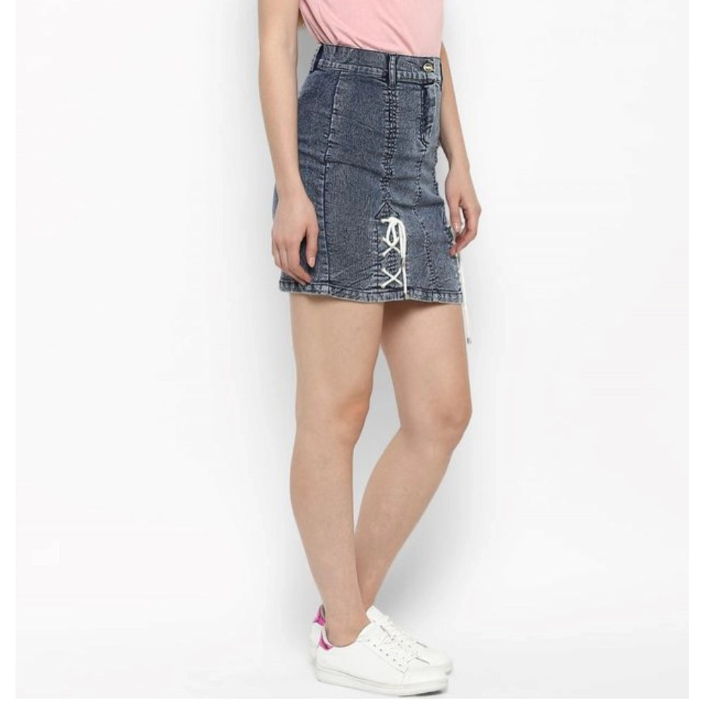HD Women's Denim Tie Up Buttoned Skirt (Blue)