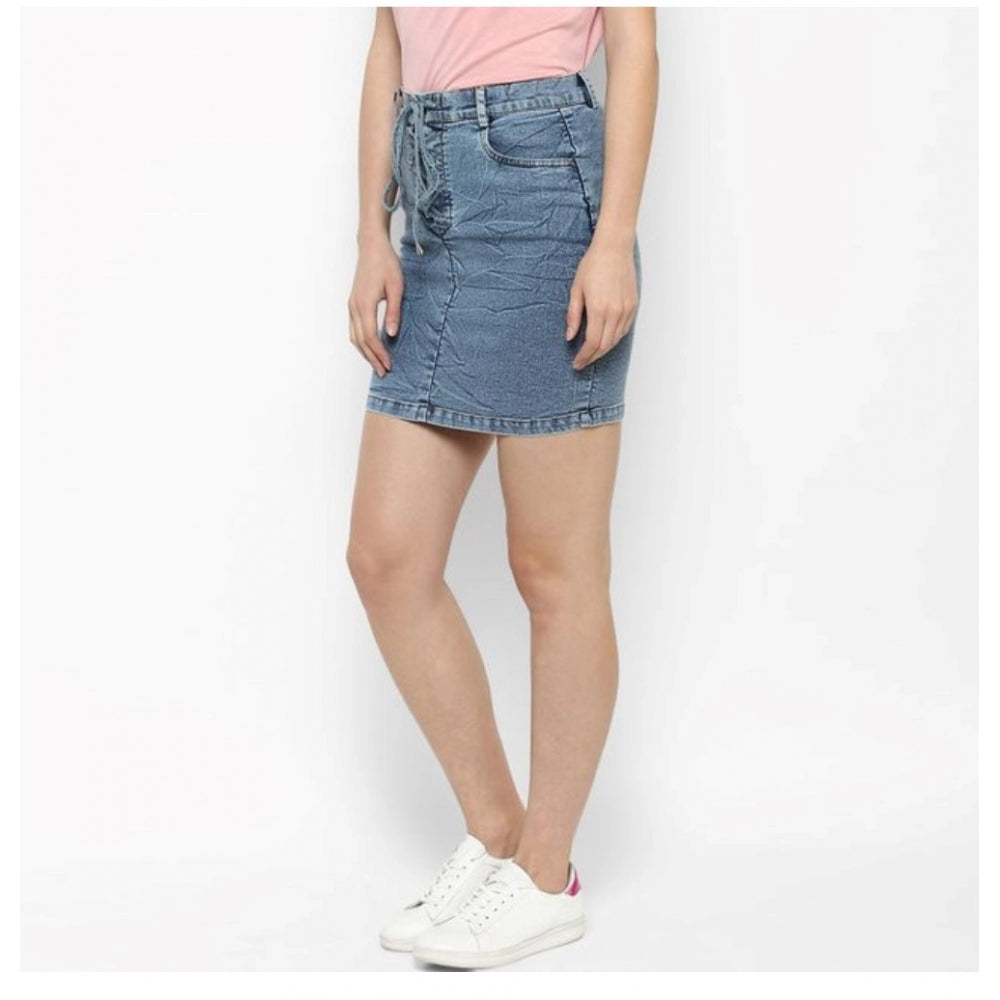 HD Women's Denim Draw String Buttoned Skirt (Blue)
