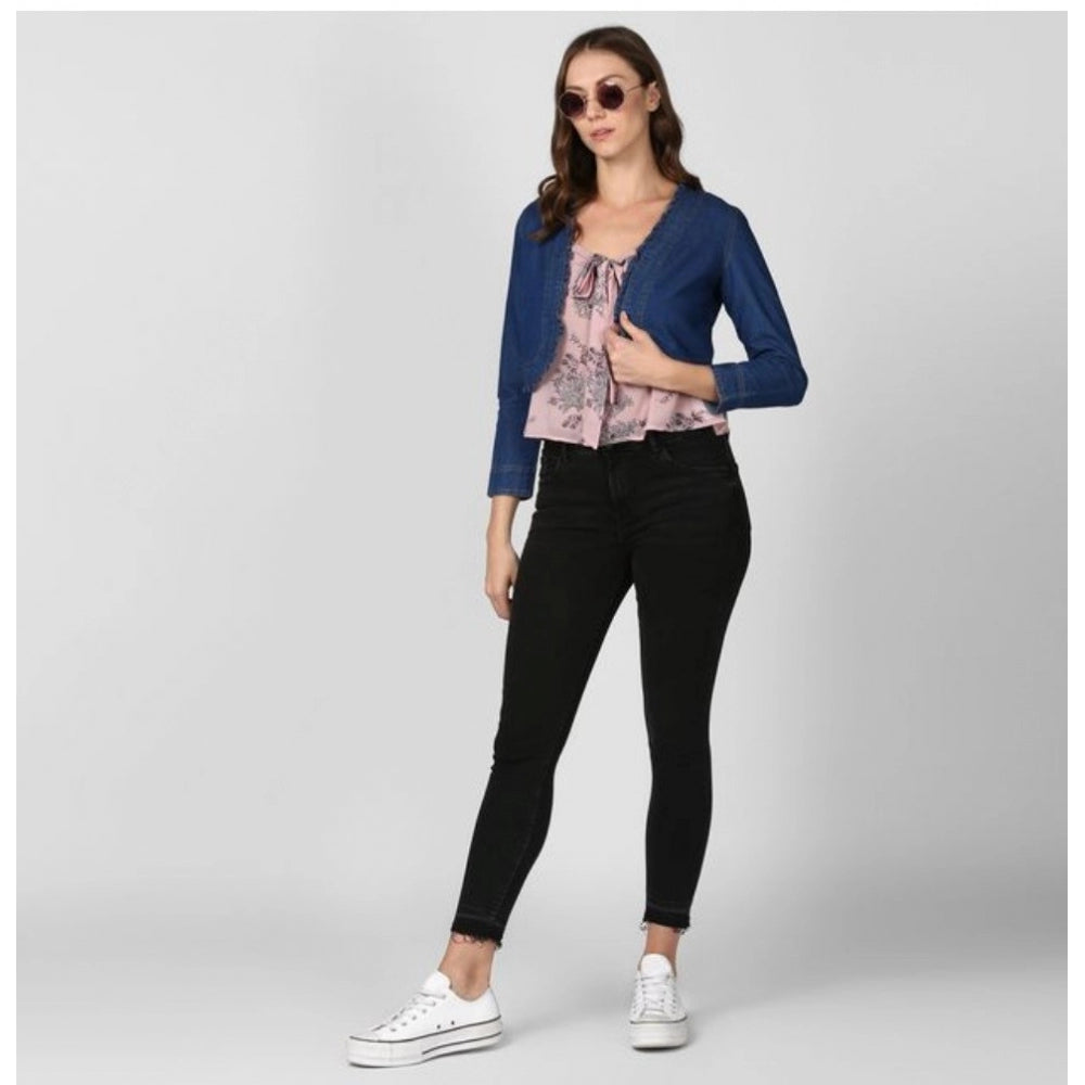 HD Women's Denim Ruffled Long Sleeves Shrug (Navy Blue)