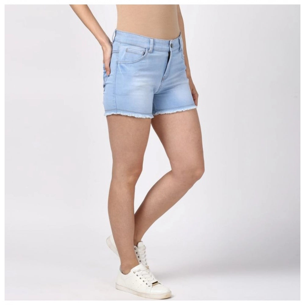 HD Women's Denim Solid Buttoned Shorts (Blue)