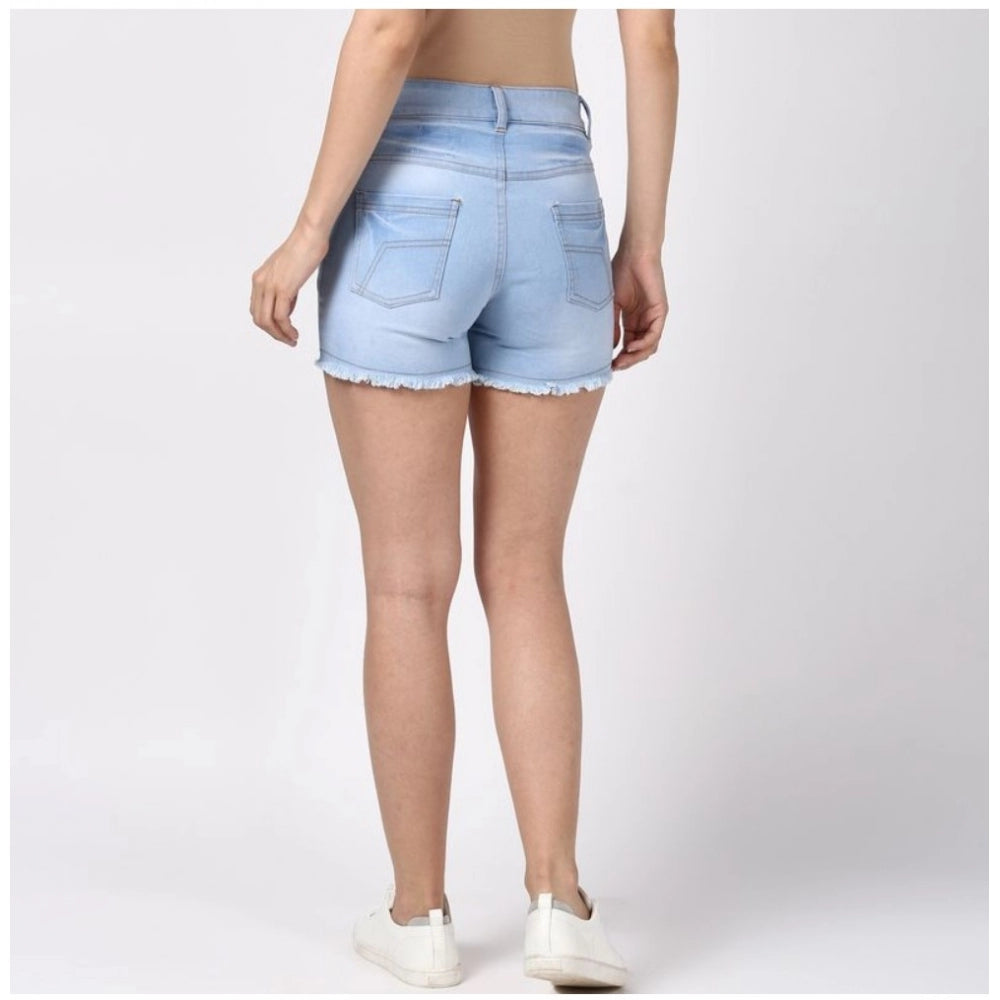 HD Women's Denim Solid Buttoned Shorts (Blue)