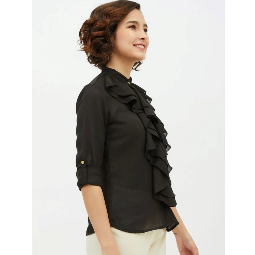 HD Women's Polyester Ruffled Long Sleeves Standard Length Shirt (Black)