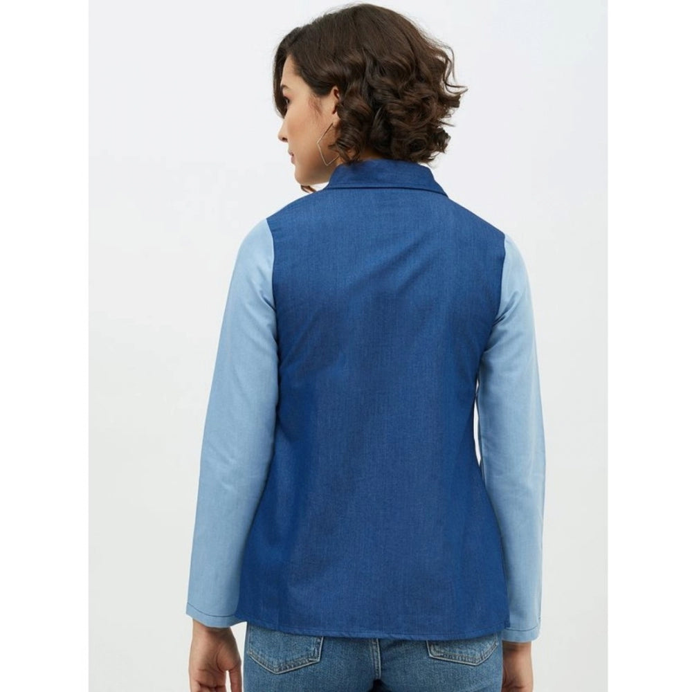 HD Women's Denim Patch Work Long Sleeves Standard Length Shirt (Blue)