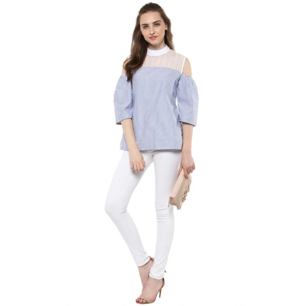HD Women's Cotton Striped Cold Shoulder Top (Blue)