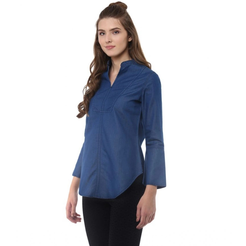 HD Women's Denim Solid Bell Sleeve Regular Top (Blue Denim)