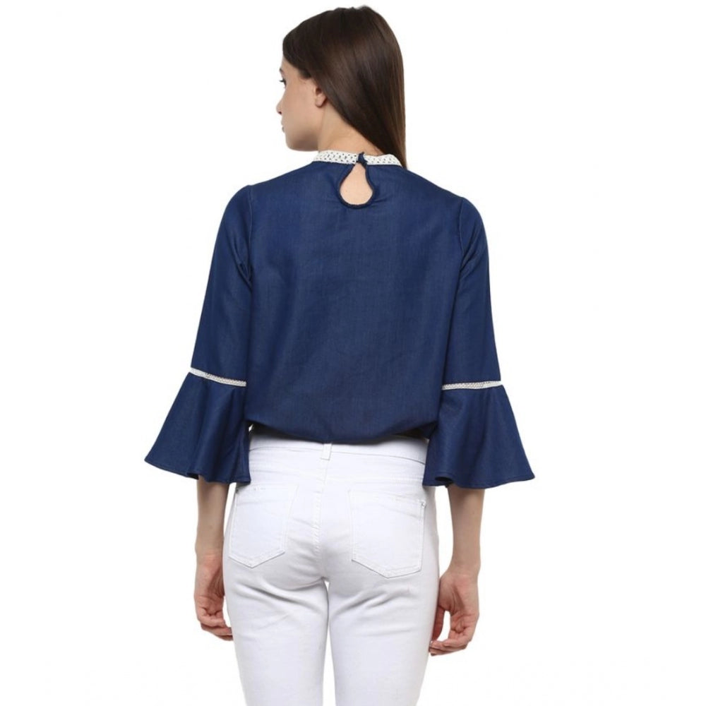 HD Women's Polyester Solid Bell Sleeve Regular Top (Blue)