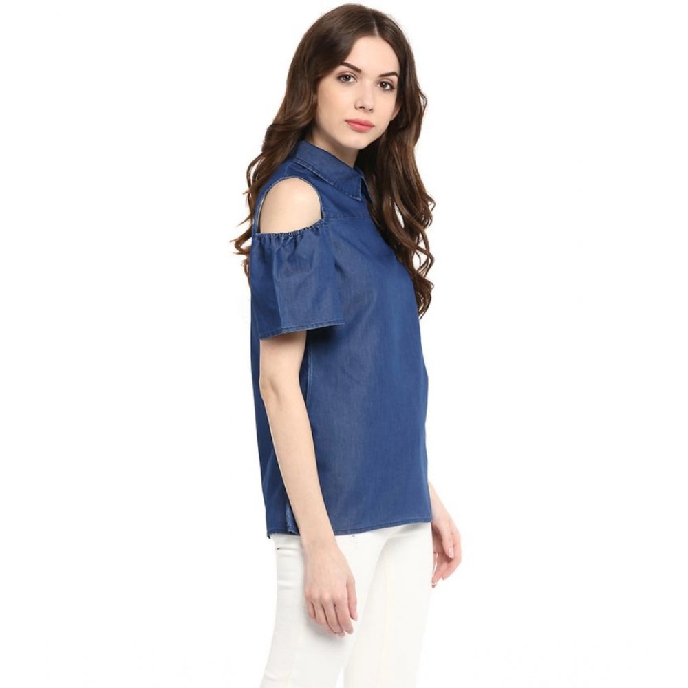 HD Women's Denim Solid Cold Shoulder Regular Top (Blue)