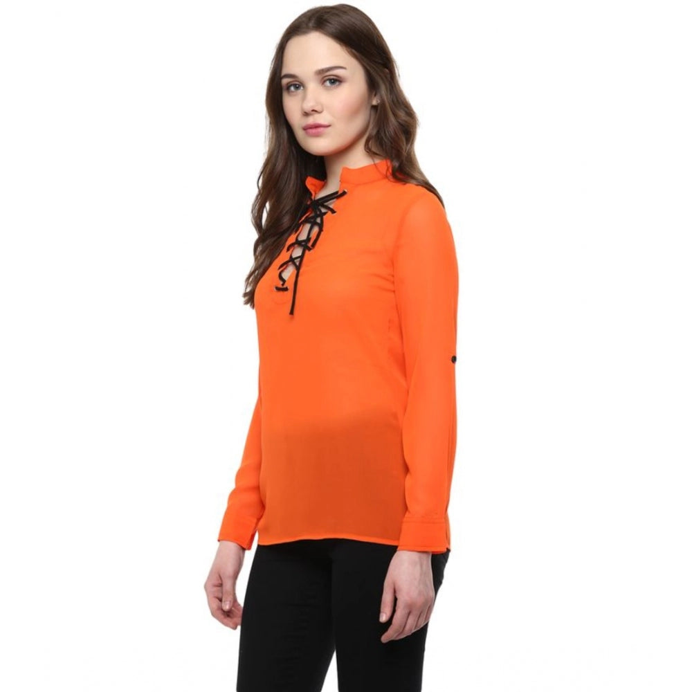 HD Women's Polyester Solid Long Sleeves Regular Top (Orange)