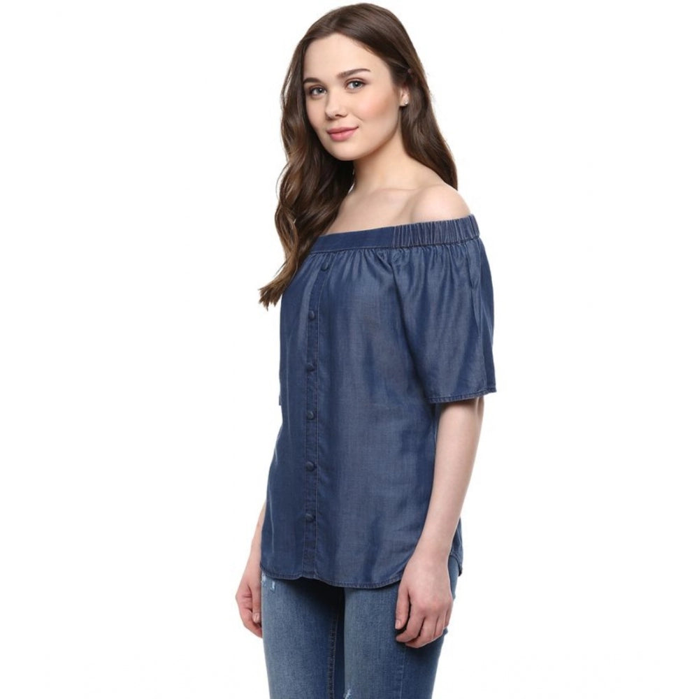 HD Women's Denim Solid Short Sleeve Regular Top (Blue)