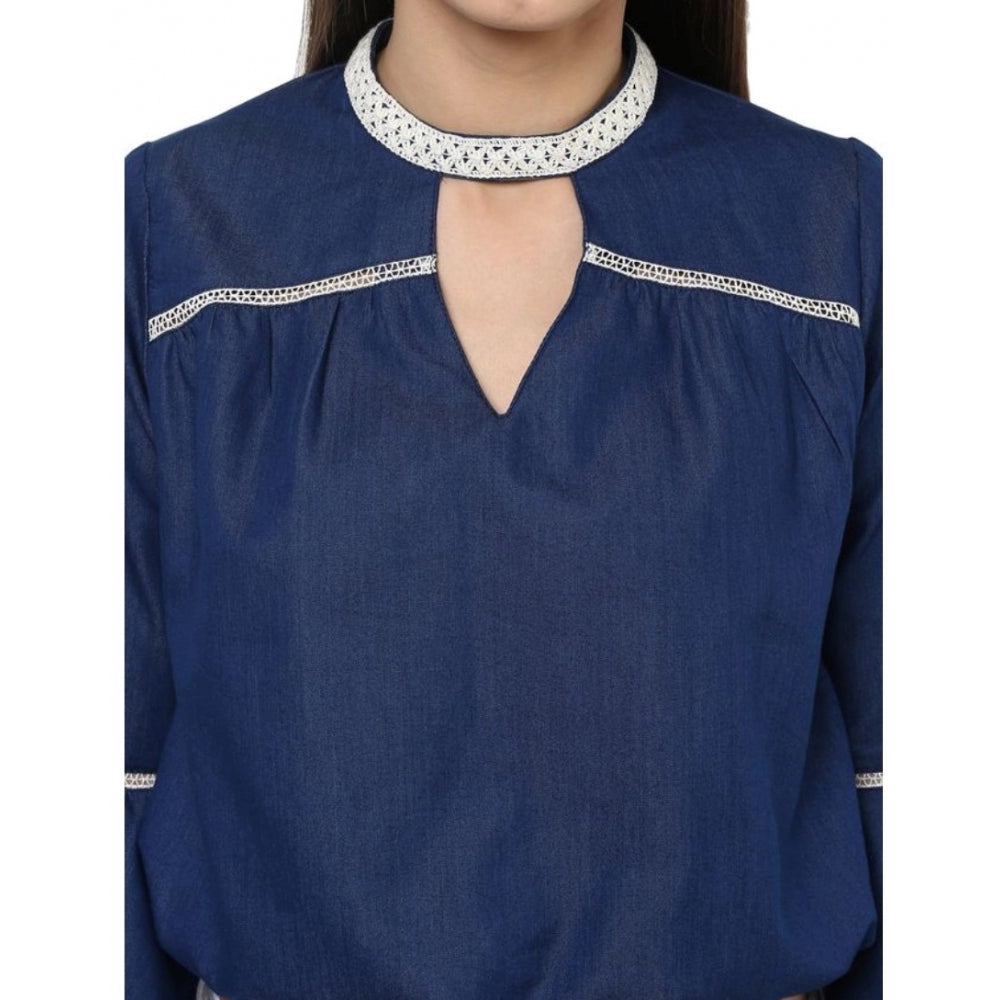 HD Women's Polyester Solid Bell Sleeve Regular Top (Blue)