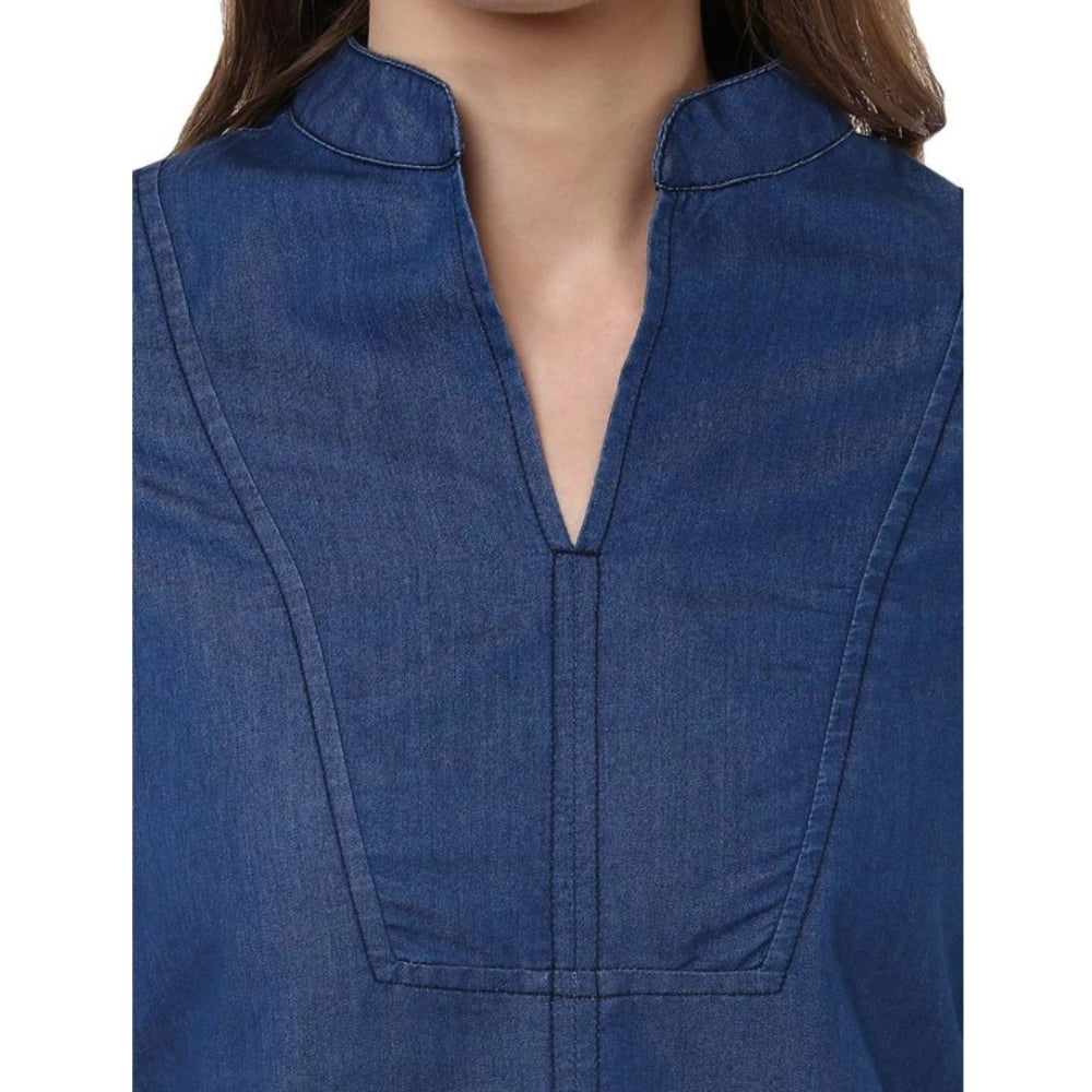 HD Women's Denim Solid Bell Sleeve Regular Top (Blue Denim)