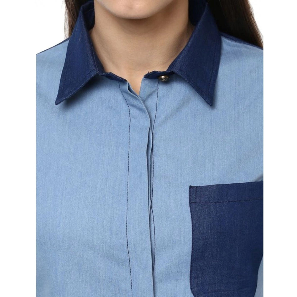 HD Women's Denim Patch Work Long Sleeves Regular Top (Blue)