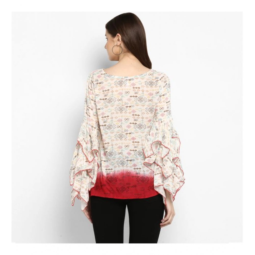 HD Women's Rayon Crepe Printed Ruffle Sleeve Top (Off White - Red)