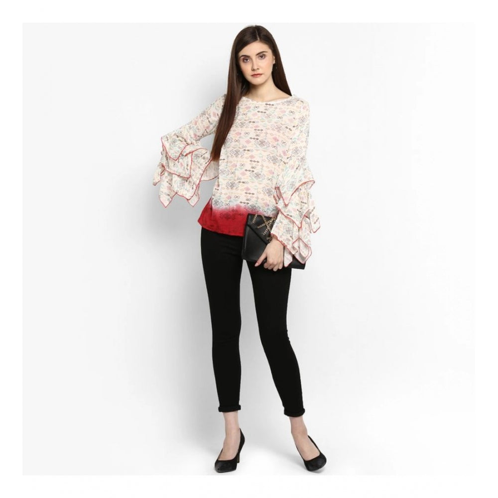 HD Women's Rayon Crepe Printed Ruffle Sleeve Top (Off White - Red)