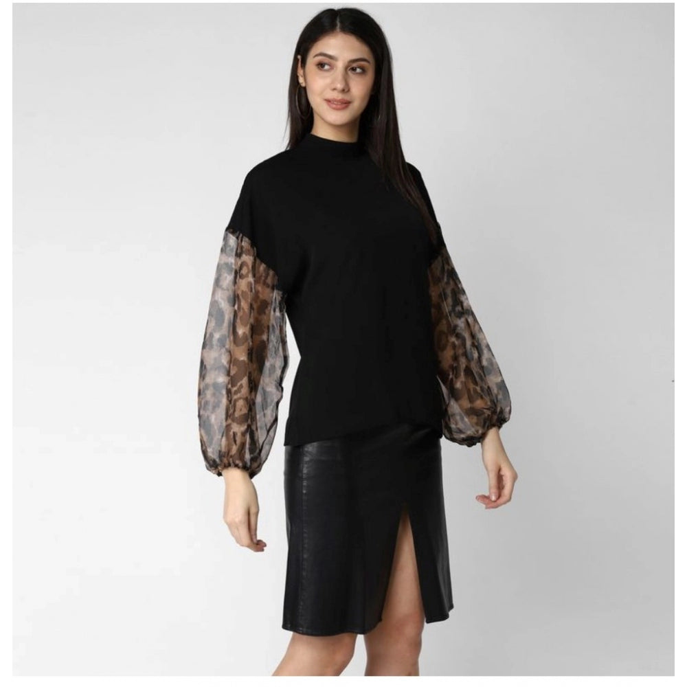 HD Women's Polyester Animal Print Long Sleeves Top (Black)