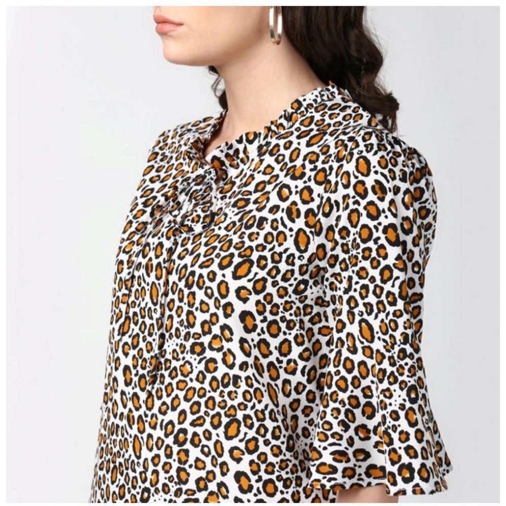 HD Women's Polyester Animal Print Bell Sleeve Top (Orange - Black)