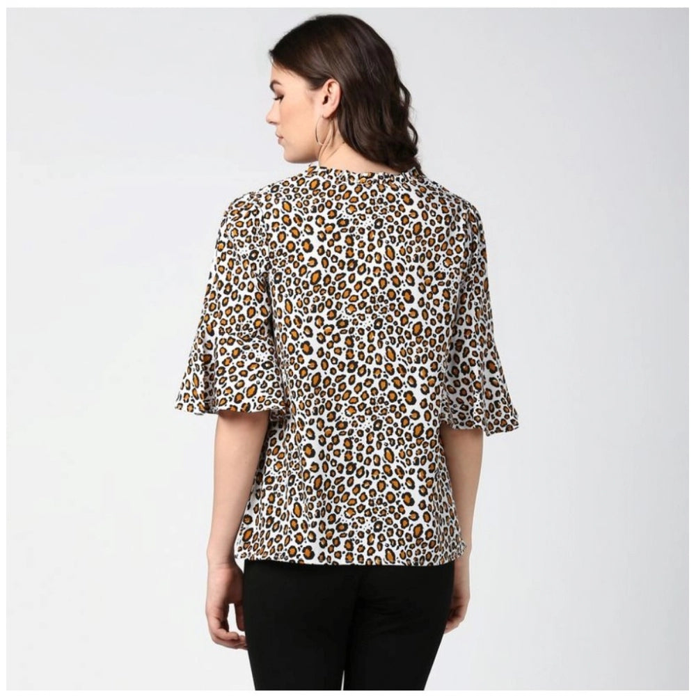 HD Women's Polyester Animal Print Bell Sleeve Top (Orange - Black)