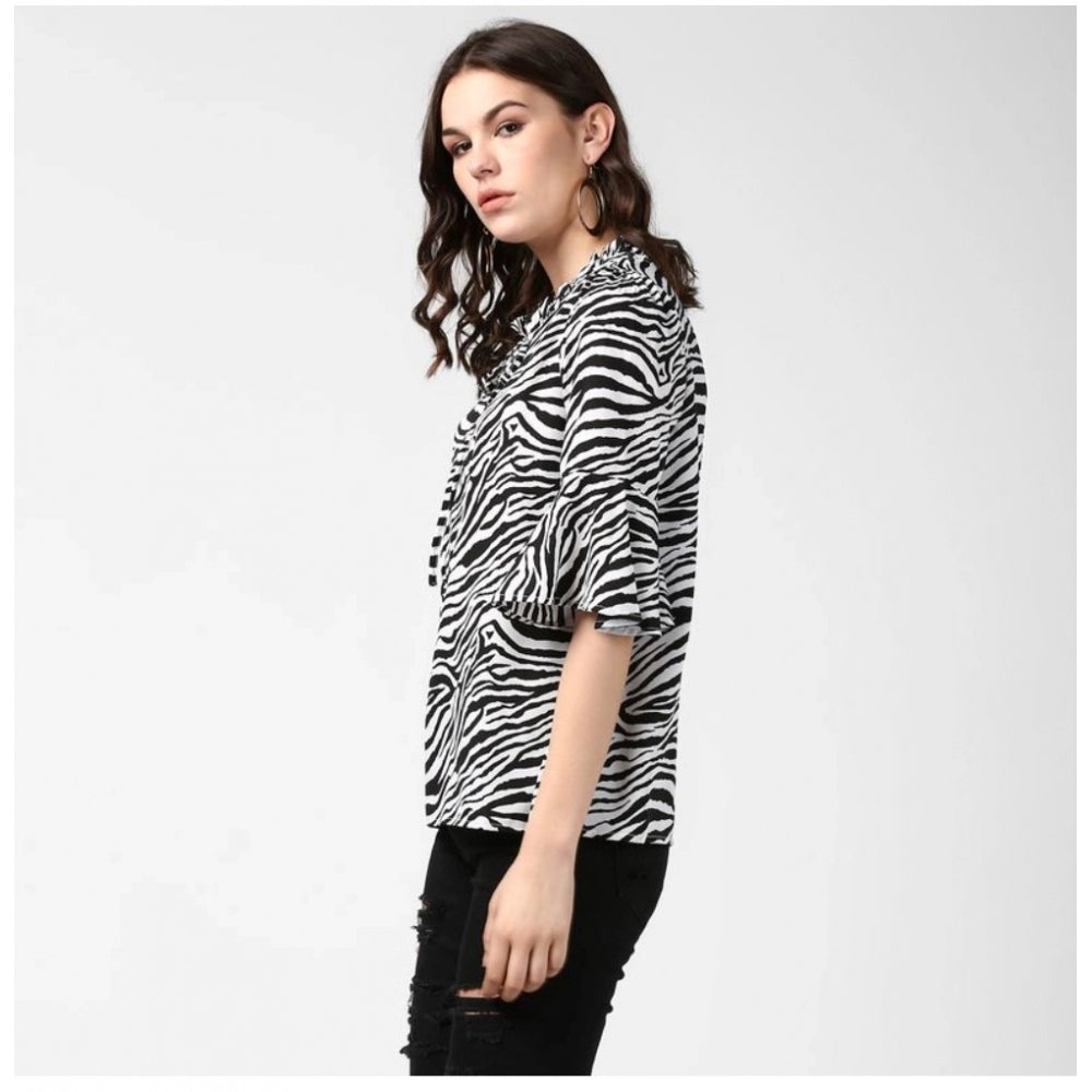 HD Women's Polyester Animal Print Bell Sleeve Top (Black - White)