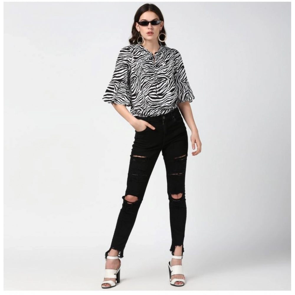 HD Women's Polyester Animal Print Bell Sleeve Top (Black - White)