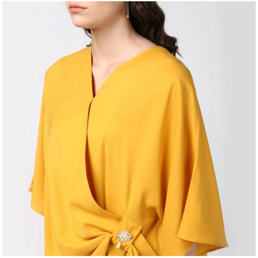 HD Women's Polyester Solid Cape Sleeve Top (Yellow)