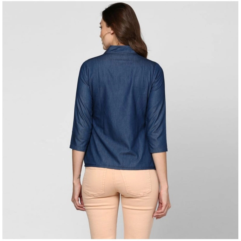 HD Women's Denim Solid 3-4th Sleeves Top (Blue)