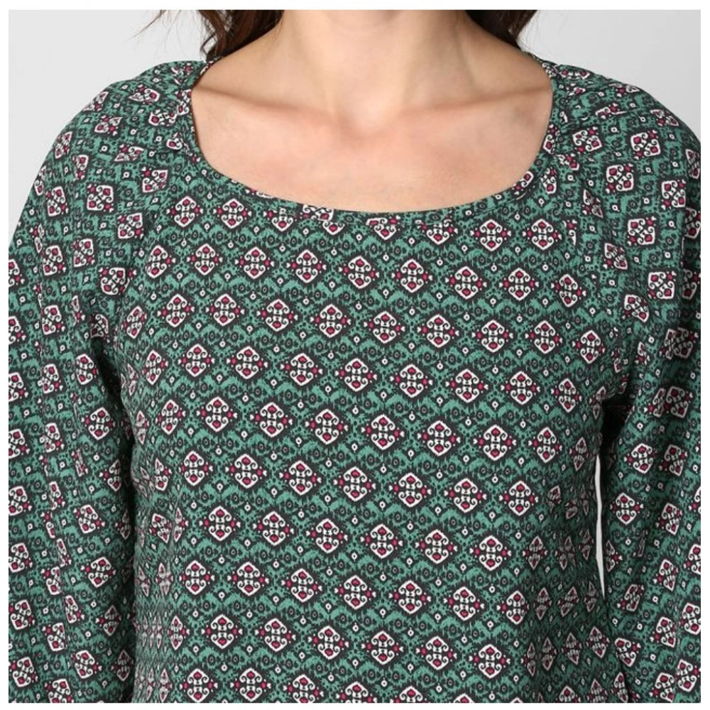 HD Women's Polyester Printed 3-4th Sleeves Top (Green)