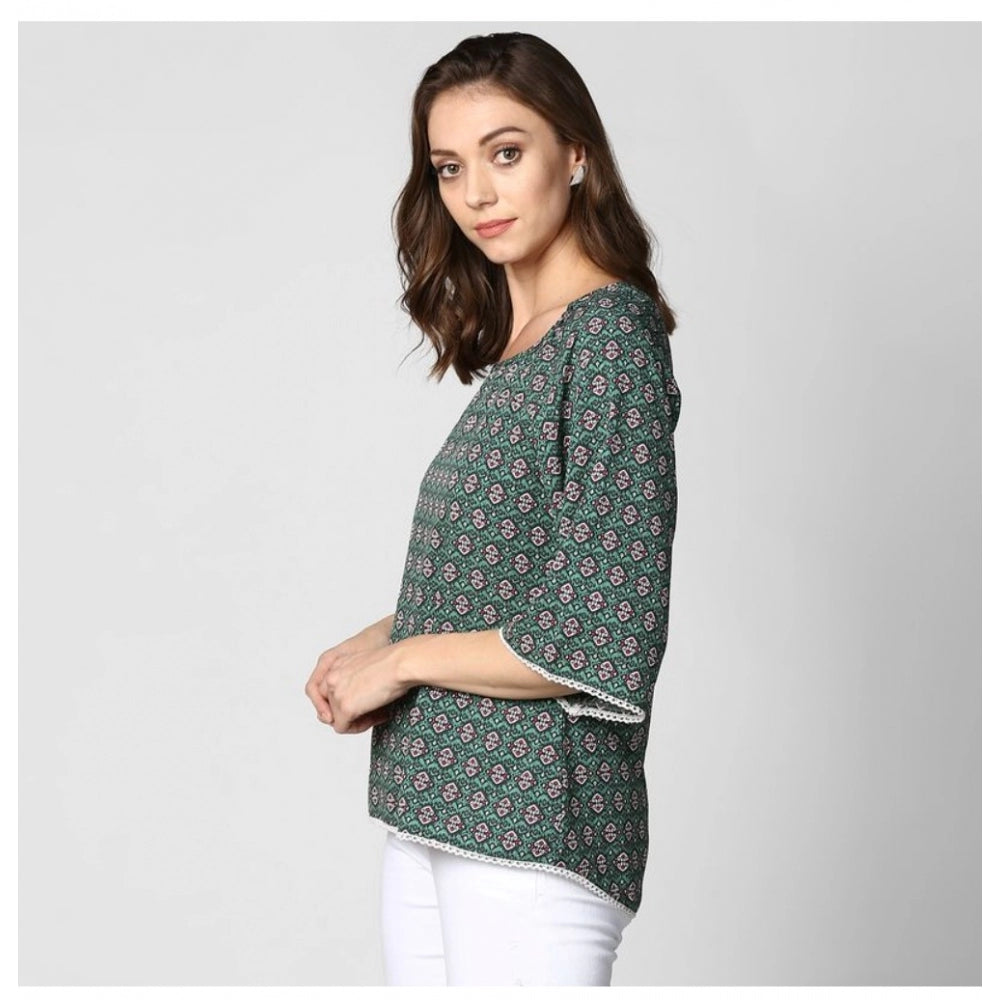 HD Women's Polyester Printed 3-4th Sleeves Top (Green)