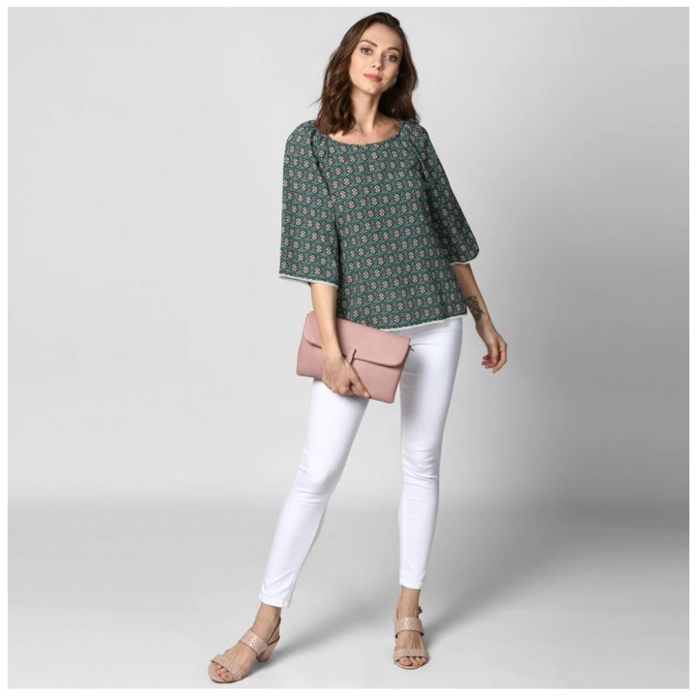 HD Women's Polyester Printed 3-4th Sleeves Top (Green)