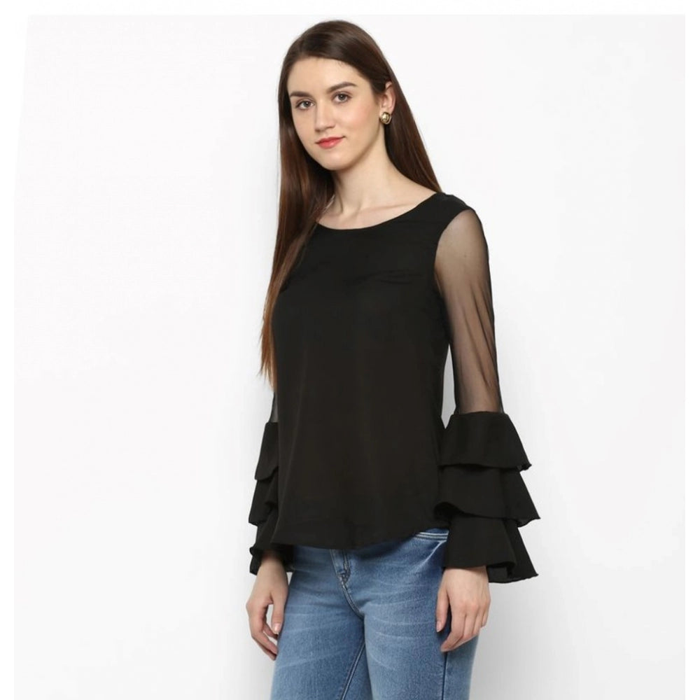 HD Women's Polyester Solid Tier Sleeve Top (Black)
