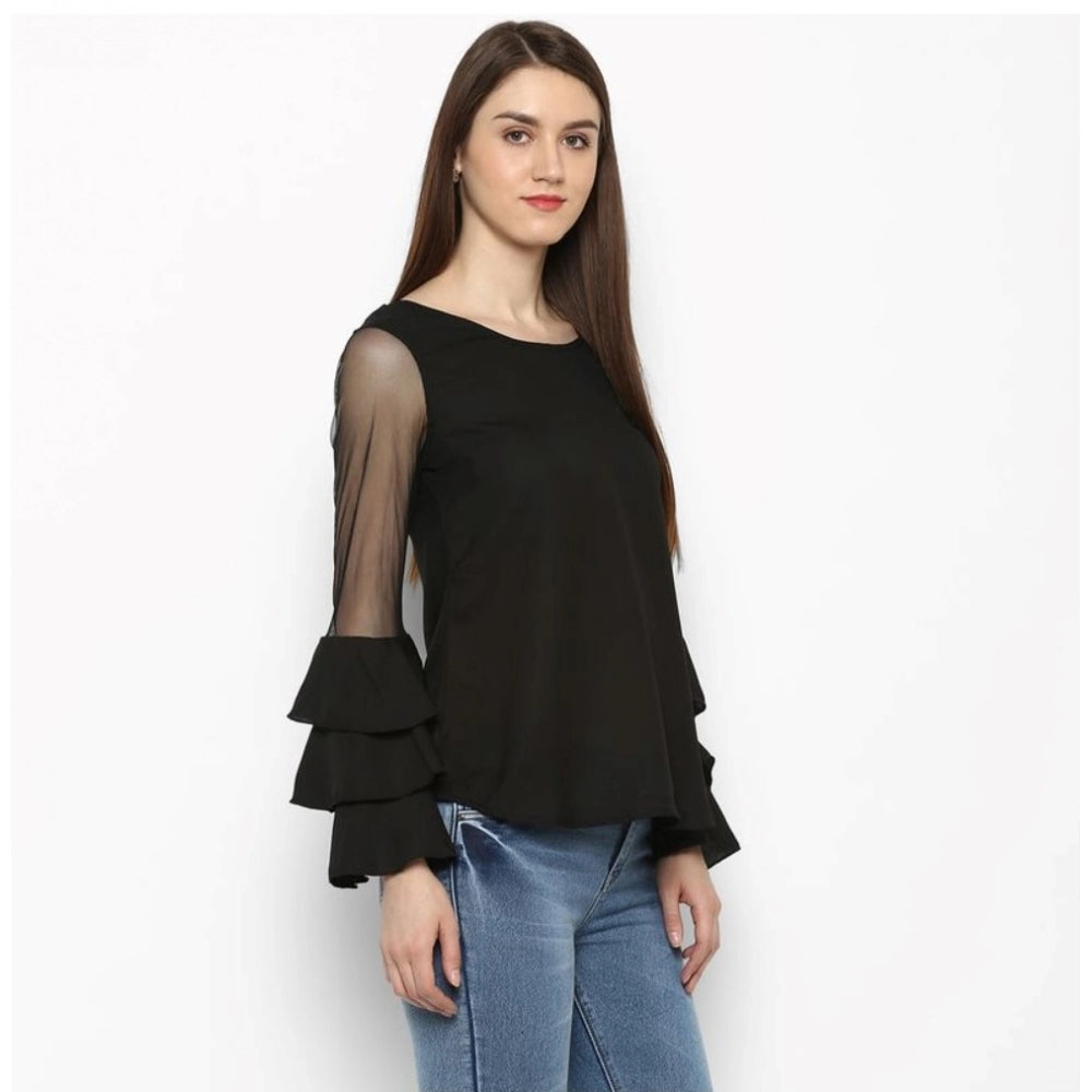 HD Women's Polyester Solid Tier Sleeve Top (Black)