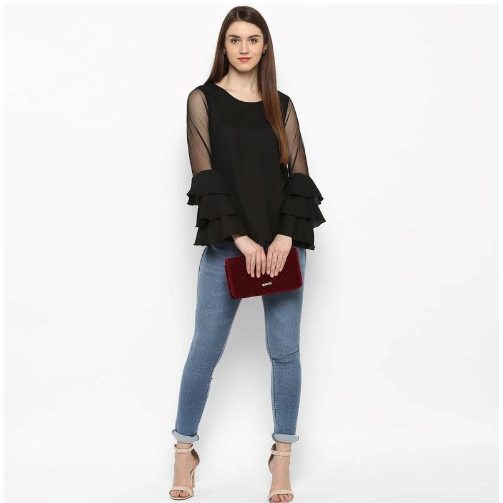 HD Women's Polyester Solid Tier Sleeve Top (Black)