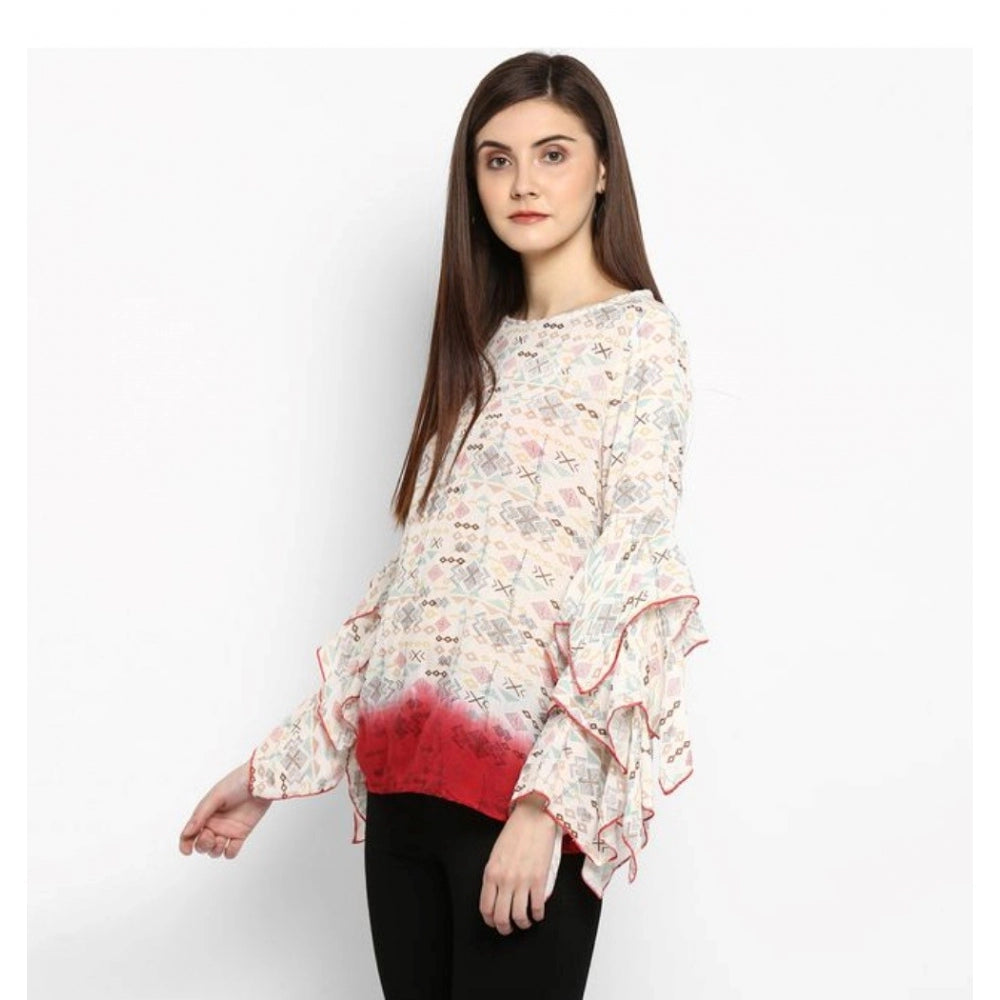 HD Women's Rayon Crepe Printed Ruffle Sleeve Top (Off White - Red)