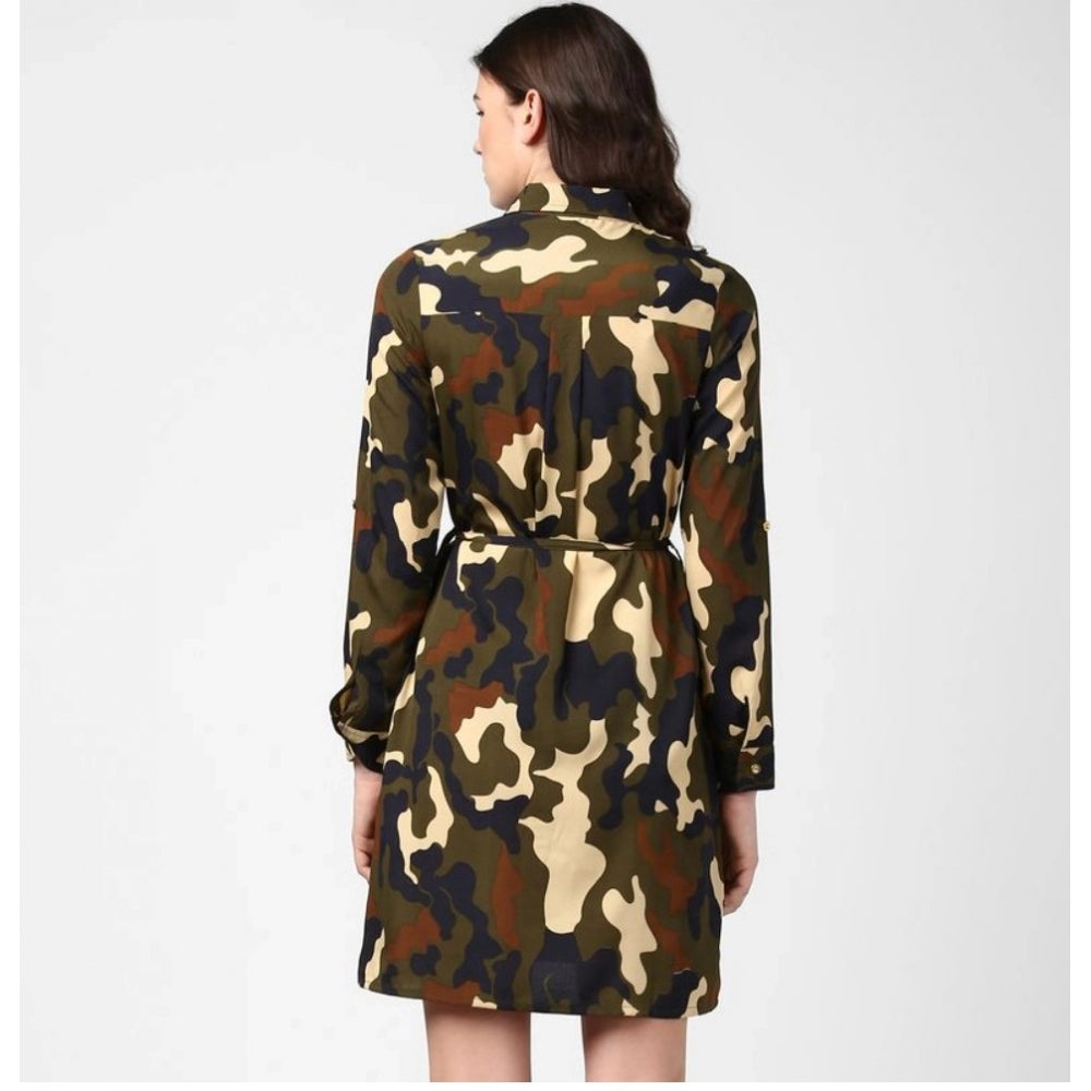 HD Women's Polyester Printed Roll Up Sleeve Tunic Top (Green - Black)